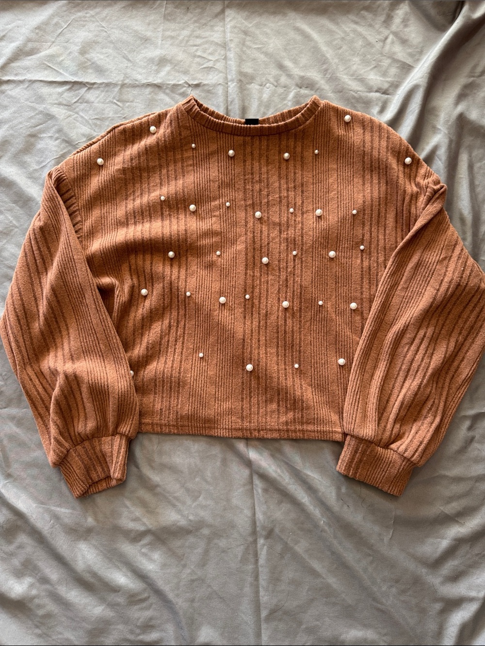 SHEIN Pearl-Embellished Ribbed Sweatshirt - Rust